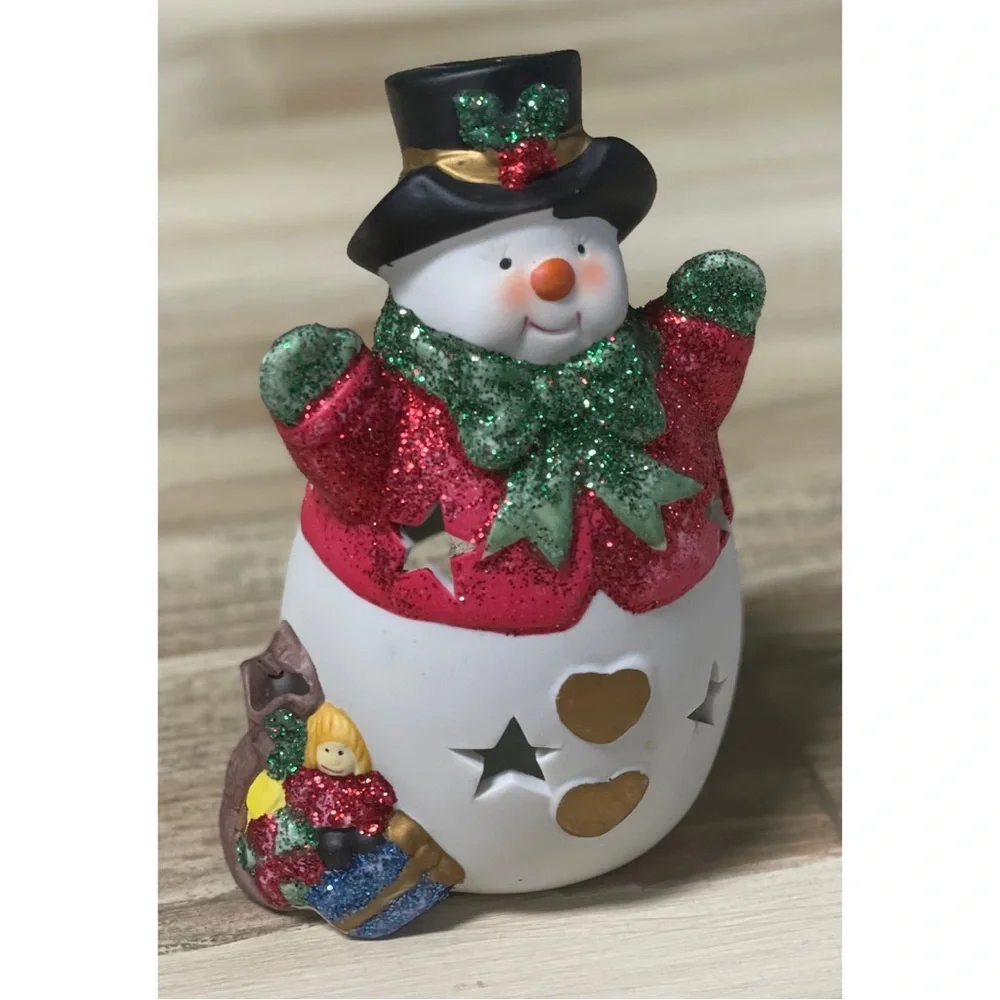 Christmas Decoration Set of 2 Snowmen Candle Holders Glass